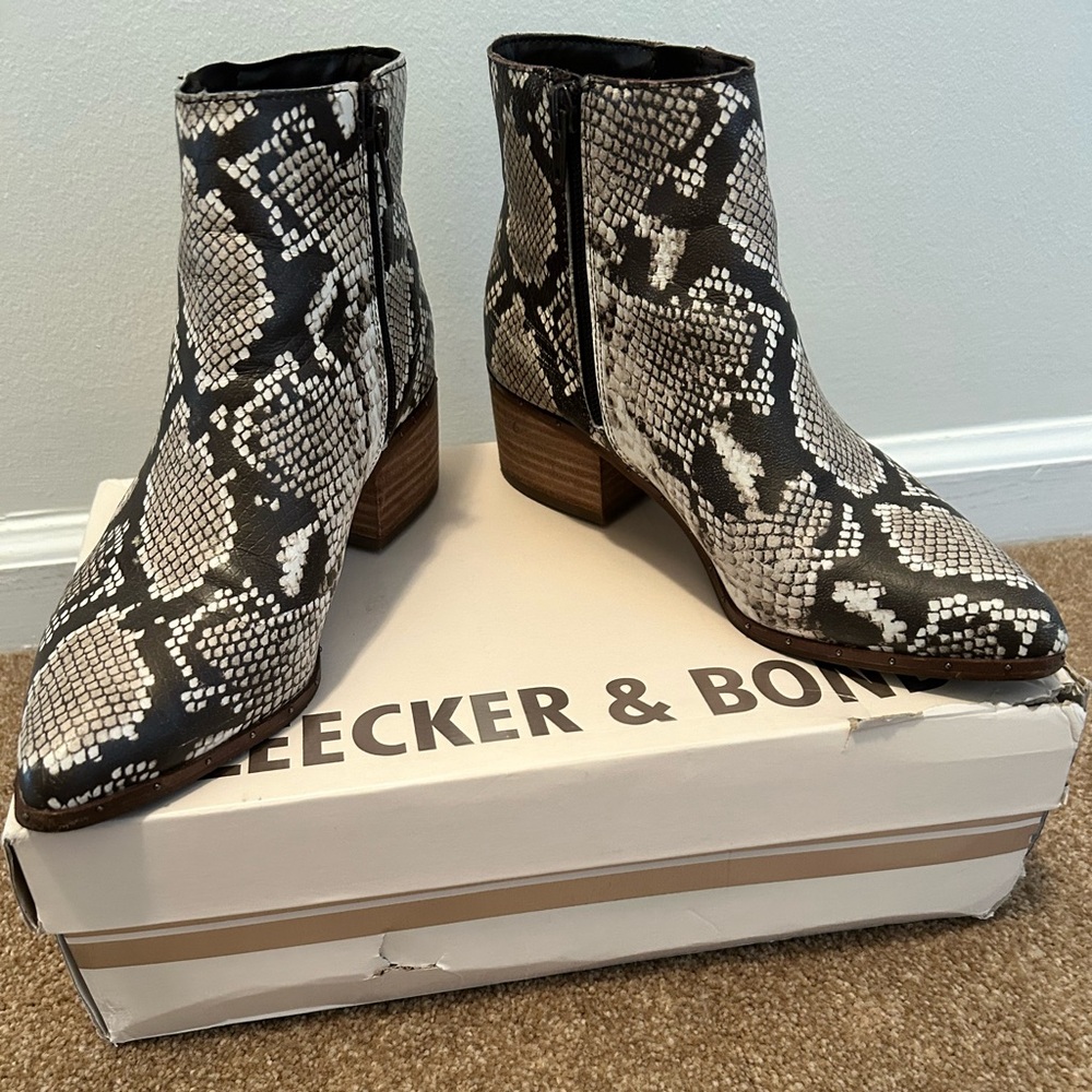 Bleecker & Bond Black and White Snake Print Ankle Boots